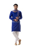 Men Royal Blue Embroidered Cotton Straight Punjabi (NS84)